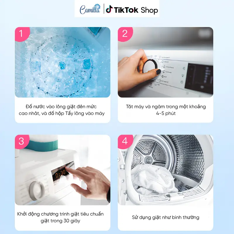 Hướng dẫn 4 bước sử dụng bột tẩy lồng máy giặt Camilla
